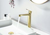 Смеситель для раковины высокий Aquatek Оберон 240, без донного клапана, шлифованное золото AQ1204BG