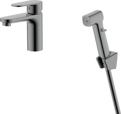 Смеситель для раковины Aquatek Ника 90, без донного клапана, с гигиеническим душем, оружейная сталь AQ1812BGM