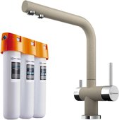 Комплект смеситель для кухни Omoikiri Nagano-SA кран фильтрованной воды, водоочиститель Pure drop Lite, бежевый 4055.8028