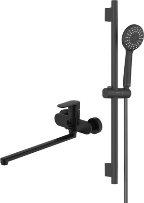 Смеситель для ванны Aquatek Ника, с длинным изливом, душевой гарнитур, чёрный матовый AQ1833MB