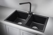 Кухонная мойка Granula 8101, 810x500, накладная, двойная, кварц, Шварц (чёрный металлик) 8101, ШВАРЦ