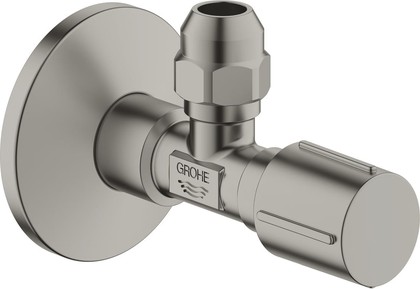 Угловой вентиль Grohe, 1/2x3/8" универсальный, для подключения смесителей, резьба с насечками, Нержавеющая сталь - Satin Steel 22037MS0