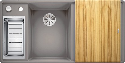 Кухонная мойка Blanco Axia III 6S-F, клапан-автомат, разделочный столик из ясеня, чаша слева, алюметаллик 524665