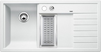 Кухонная мойка чаша слева, крыло справа, с клапаном-автоматом, с коландером, гранит, белый Blanco Trisona 6S 513777