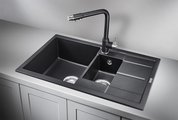 Кухонная мойка Granula 7802, 780x500, накладная, двойная, кварц, Шварц (чёрный металлик) 7802, ШВАРЦ