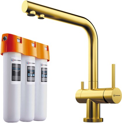 Комплект смеситель для кухни Omoikiri Nagano-LG кран фильтрованной воды, водоочиститель Pure drop Lite, светлое золото 4178.8028