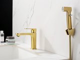 Смеситель для раковины Aquatek Альфа 110, с гигиеническим ручным душем, шлифованное золото AQ1912BG