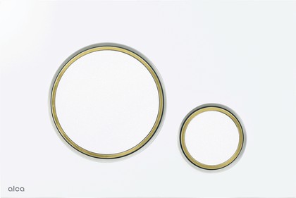 Кнопка управления Alcaplast Thin M77x, для унитаза, панель и кнопки: белый глянец, декоративные кольца: золото глянец M775
