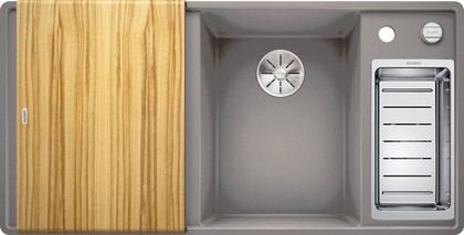 Кухонная мойка Blanco Axia III 6S, клапан-автомат, разделочный столик из ясеня, чаша справа, алюметаллик 523464
