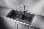 Кухонная мойка Granula 8201, 820x500, накладная, двойная, кварц, Шварц (чёрный металлик) 8201, ШВАРЦ