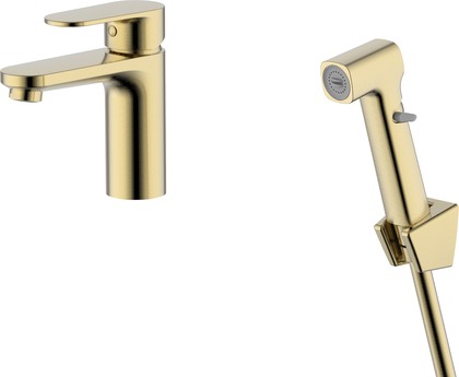 Смеситель для раковины Aquatek Ника 90, без донного клапана, с гигиеническим душем, шлифованное золото AQ1812BG