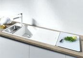 Кухонная мойка Blanco Axia III 6S-F, клапан-автомат, доска из белого стекла, чаша справа, алюметаллик 523491