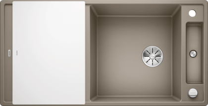 Кухонная мойка Blanco Axia III XL 6S, клапан-автомат, доска из белого стекла, серый беж 523517