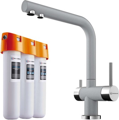 Комплект смеситель для кухни Omoikiri Nagano-GR кран фильтрованной воды, водоочиститель Pure drop Lite, серый 4219.8028