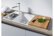 Кухонная мойка Blanco Axia III 6S, клапан-автомат, разделочный столик из ясеня, чаша слева, серый беж 524650