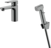 Смеситель для раковины Aquatek Ника 90, без донного клапана, с гигиеническим душем, оружейная сталь AQ1812BGM