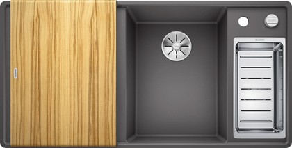 Кухонная мойка Blanco Axia III 6S-F, клапан-автомат, разделочный столик из ясеня, чаша справа, тёмная скала 523484