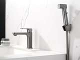 Смеситель для раковины Aquatek Альфа 110, с гигиеническим ручным душем, оружейная сталь AQ1912BGM