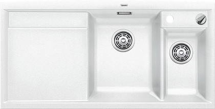 Кухонная мойка чаши справа, крыло слева, с клапаном-автоматом, с коландером, гранит, белый Blanco Axia II 6S 516822
