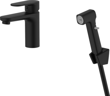 Смеситель для раковины Aquatek Ника 90, без донного клапана, с гигиеническим душем, матовый чёрный AQ1812MB