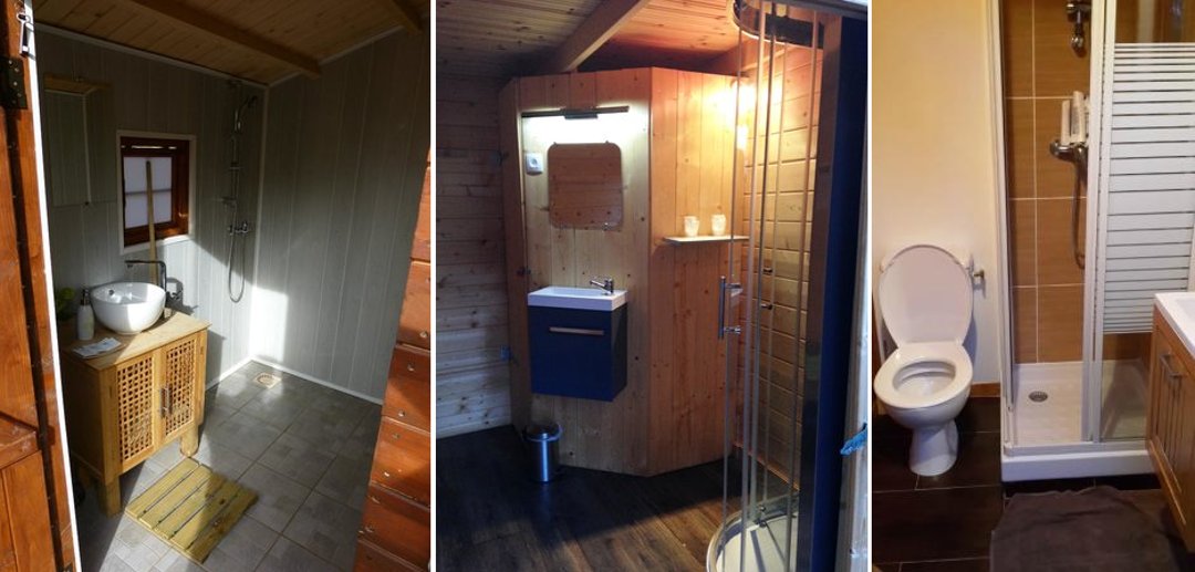 Интерьеры санузлов, душевых и туалетов, изолированных от жилых пузырей-модулей глэмпинг-курорта от Attrap'Rêves