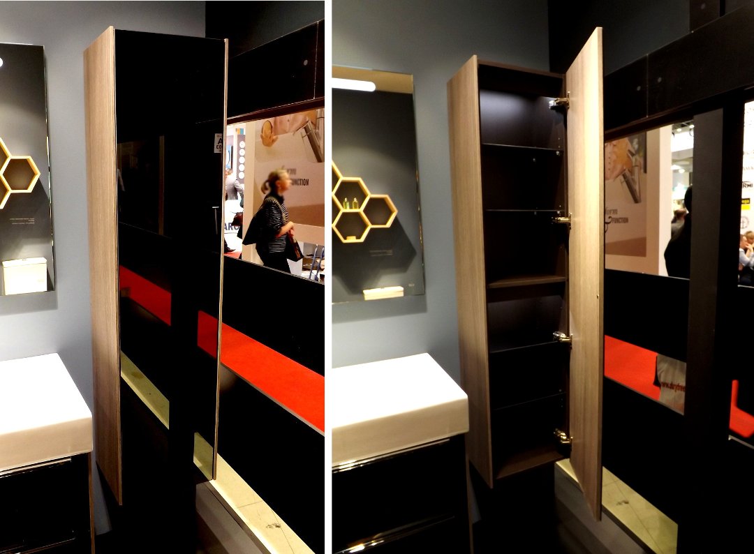 Колонна (шкаф) для ванной с оформлением «тёмный дуб с зеркальным фасадом» из коллекции INSPIRA от Roca, представленная на выставке MosBuild 2016